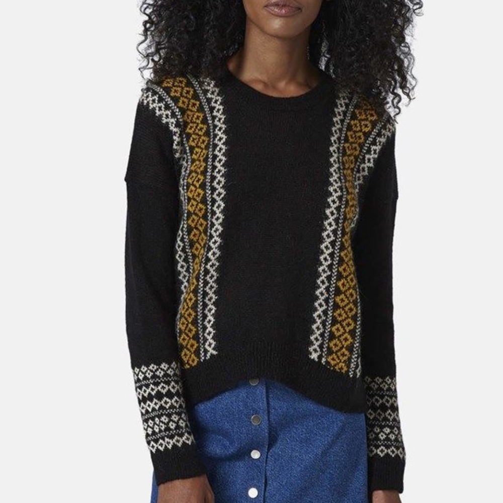 Topshop Fair Isle Mohair Soft Knit Pullover Sweater Aztec Panel Jumper Black 10